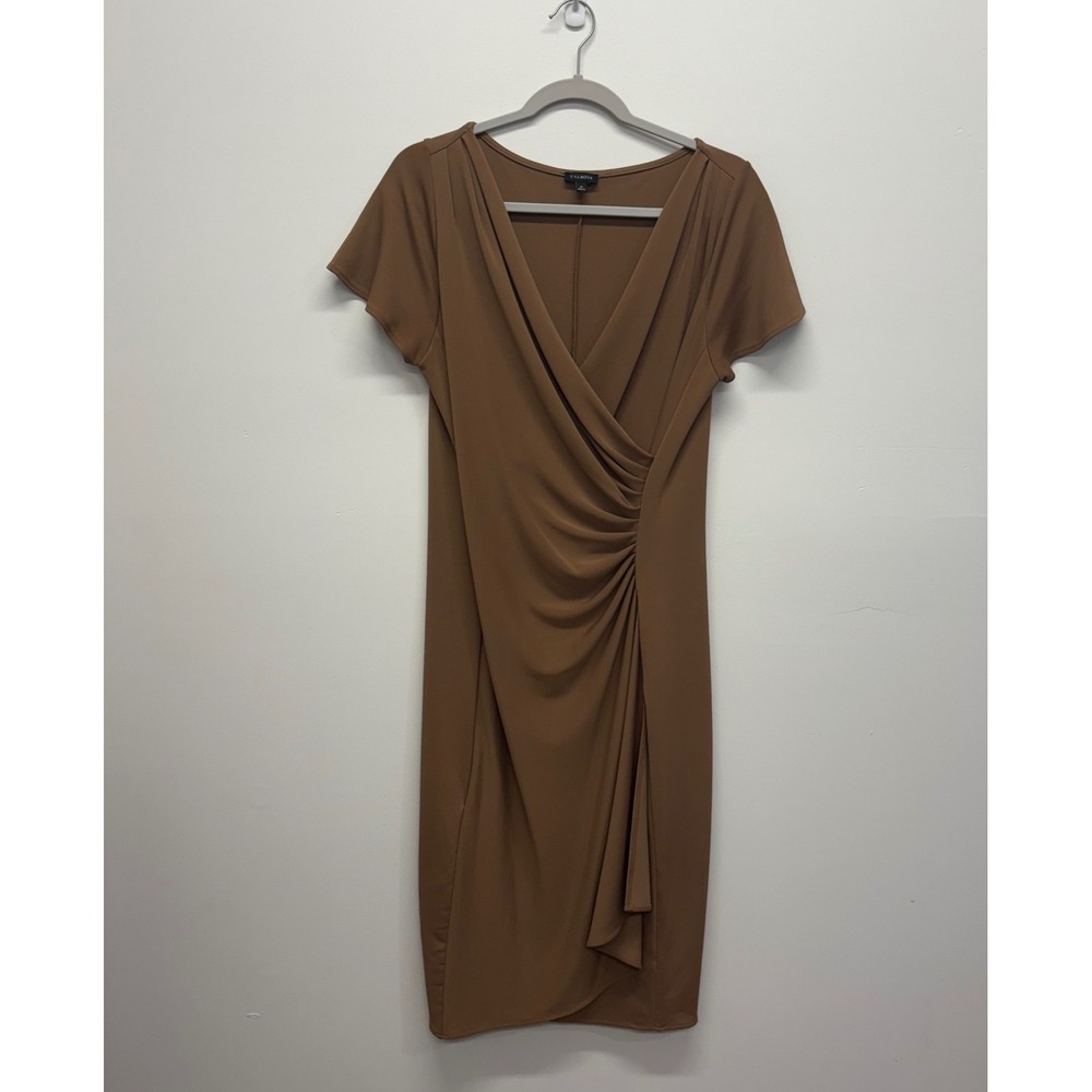 Talbots Brown Faux Wrap Sheath Dress Short Sleeve Ruched V-Neck Size Medium